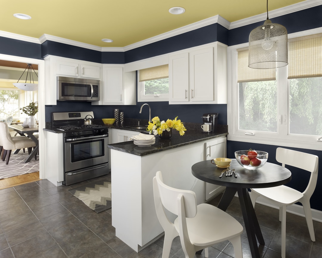 Urbanite kitchen 1-walls: polo blue (2062-10), trim: moonlight white (OC-125), ceiling: marblehead gold (HC-11)
