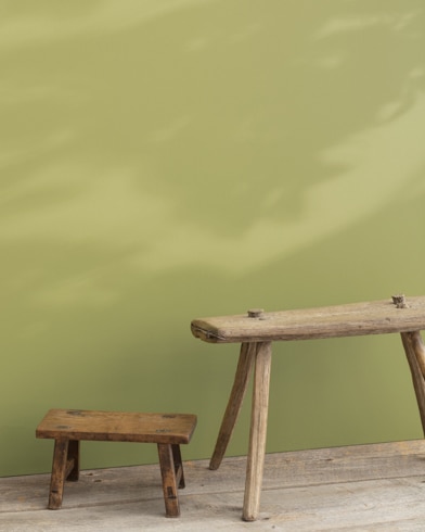 Two wooden stools, one large and one small, appear in front of a wall painted Agave.