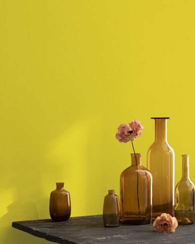 A collection of brown-tinted glass vases sit atop a wooden shop table next to a wall painted Citron.