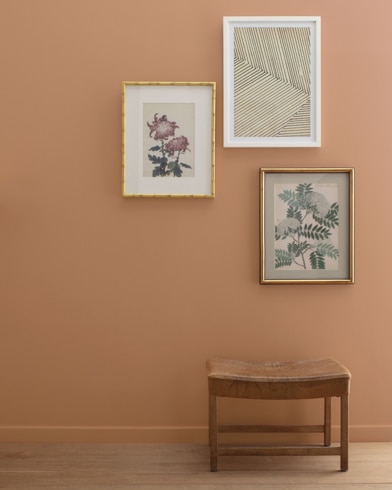 A Cappuccino Muffin-painted wall with three framed art pieces, a small bench, and a floor lamp.
