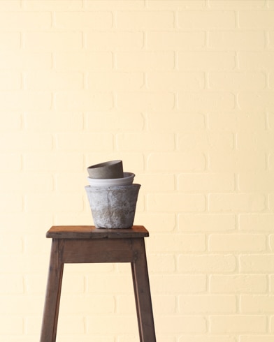 A Creamy Beige-painted brick wall behind a wooden stool with planting pots on top.