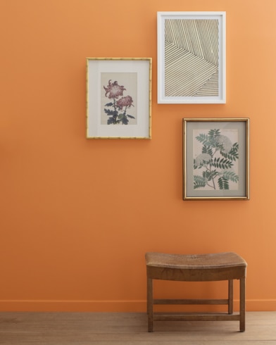 A Bronze Tone-painted wall with three framed art pieces, a small bench, and a floor lamp.