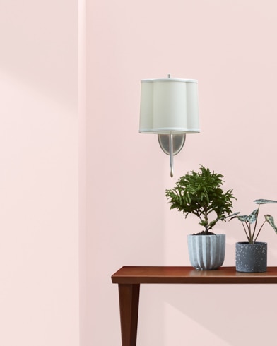 Wooden console table with houseplants in front of a Powder Pink-painted wall with a white wall lamp.
