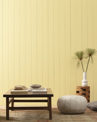 Plush ottomans, a low accent table and a vase with wispy greens sit in front of a paneled wall painted Banana Cream