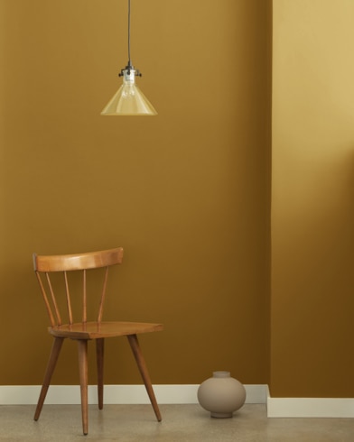 A single-bulb light hangs over a wooden chair and small ceramic pot in front of a wall painted Corduroy.