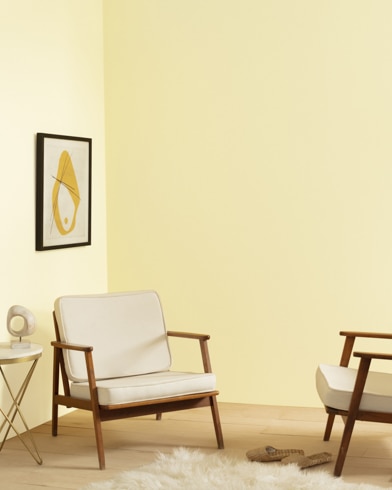 A living room with two chairs, a modern lamp, and shag carpet is painted Chamber Yellow.