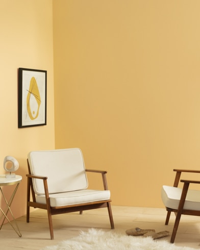 A living room with two chairs, a modern lamp, and shag carpet is painted Dorset Gold.