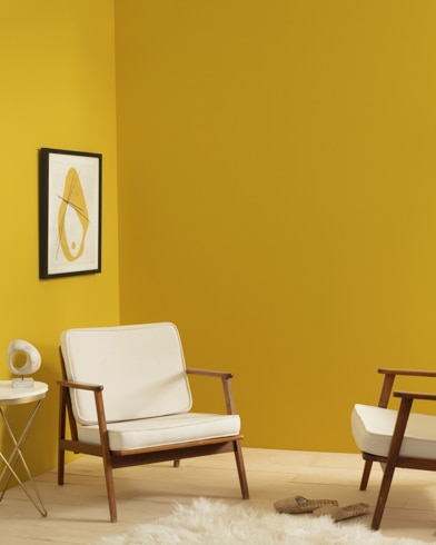 Una sala de estar pintada de color Orfebre, con dos sillas, una lámpara moderna y una alfombra peluda.