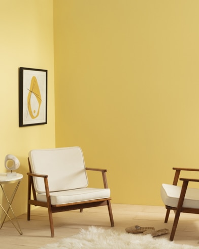 A living room with two chairs, a modern lamp, and shag carpet is painted Hawthorne Yellow.