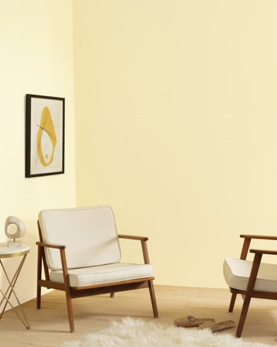 A living room with two chairs, a modern lamp, and shag carpet is painted Melted Butter.