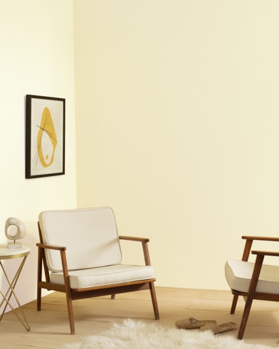A living room with two chairs, a modern lamp, and shag carpet is painted Sweet Cream.