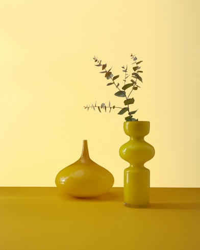 Two abstract ceramic potters, one with a plant, sit in front of a wall painted Lemon Drops.
