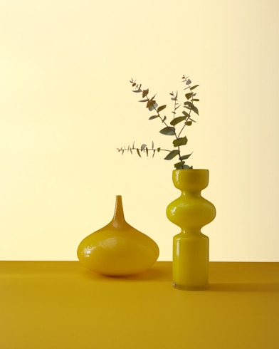 Two abstract ceramic potters, one with a plant, sit in front of a wall painted Lemon Sorbet.
