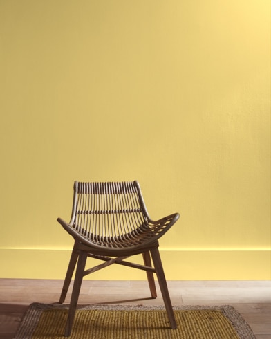 A modern rattan chair with a curved seat sits in front of a California Hills-painted wall.