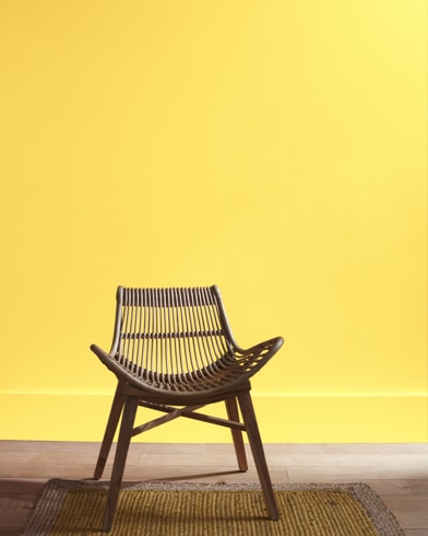 A modern rattan chair with a curved seat sits in front of a Pure Joy-painted wall.