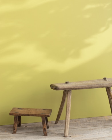 Two wooden stools, one large and one small, appear in front of a wall painted Golden Delicious.