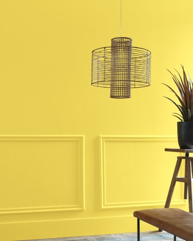 A Majestic Yellow-painted living room hosts a wiry light fixture while a wood table and potted plant are just out of focus.