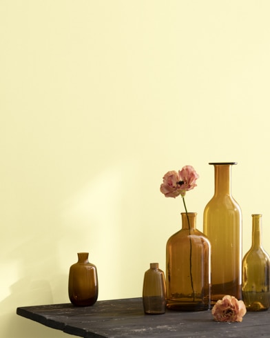 A collection of brown-tinted glass vases sit atop a wooden shop table next to a wall painted Lemonade. 