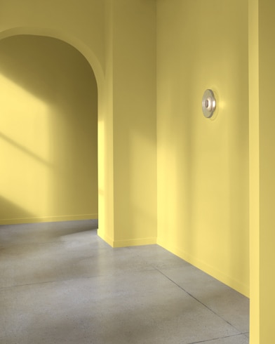 An arched hallway in a modern home is painted Mustard Field.