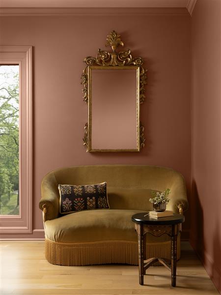 A seating area featuring a trimmed gold velvet sofa alongside walls and woodwork painted in Antique Copper 1169, part of the Colour Trends 2027 collection.