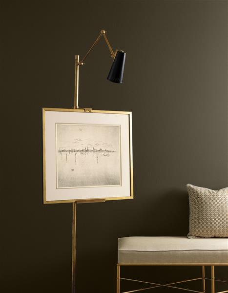 A bench and framed artwork sit in front of a wall painted in Durango 2137-30, part of the Colour Trends 2027 collection.